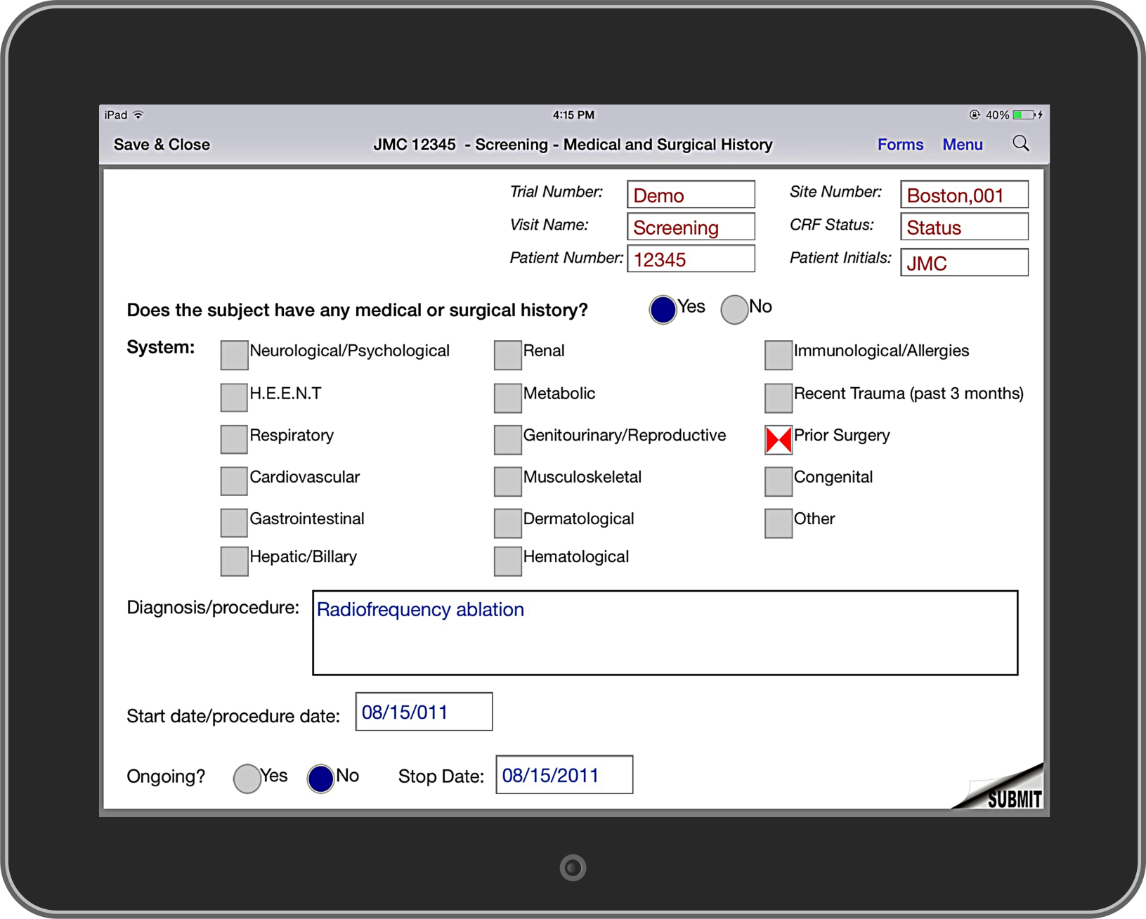 eCRF form screenshot